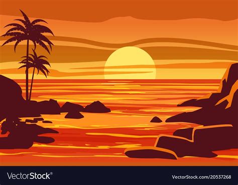 Tropical Beautiful Sunset Landscape Palms Sea Vector Cartoon Style