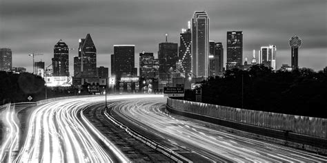 Dallas Texas Skyline Panoramic With Light Trails Black