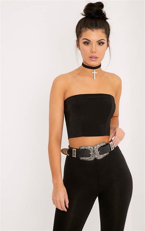 Helsa Black Slinky Bandeau Crop Top Strapless Top Outfit Bandeau