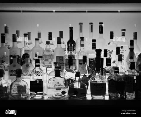 Different Alcoholic Drinks Inside A Bar Black And White Stock Photo