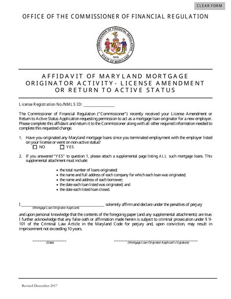 Maryland Affidavit Of Maryland Mortgage Originator Activity License