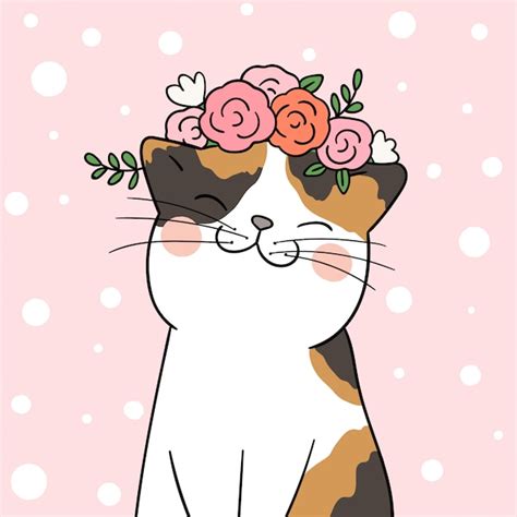 Premium Vector Draw Cat With Beauty Flower On Head In Pink Pastel