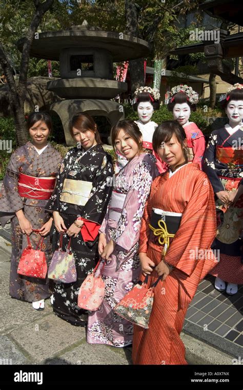 Girls Wearing Yukata Kimono Geisha Maiko Trainee Geisha In Gion Kyoto City Honshu Japan Asia