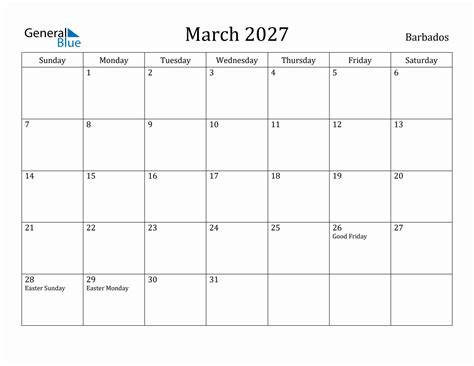 March 2027 Monthly Calendar With Barbados Holidays