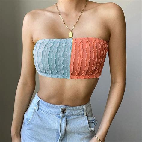 Two Tone Color Block Ruched Strapless Top Tube Bra Bandeau Bralette In Bandeau Top Outfit