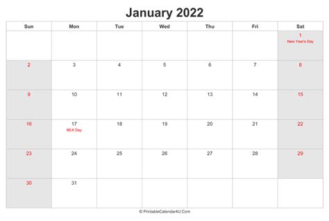 January 2022 Calendar With Us Holidays Highlighted Landscape Layout
