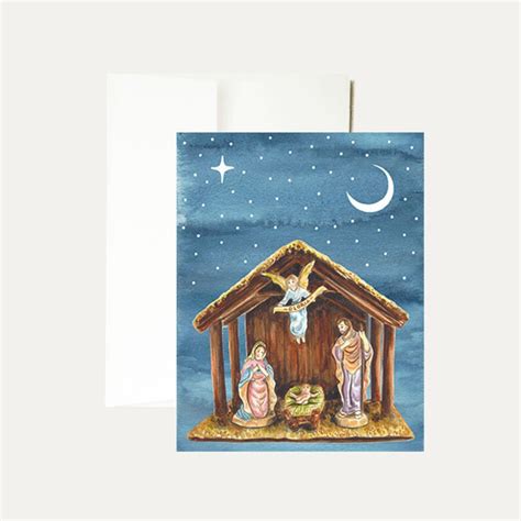 Nativity Watercolor Christmas Greeting Card Manger Scene Religious