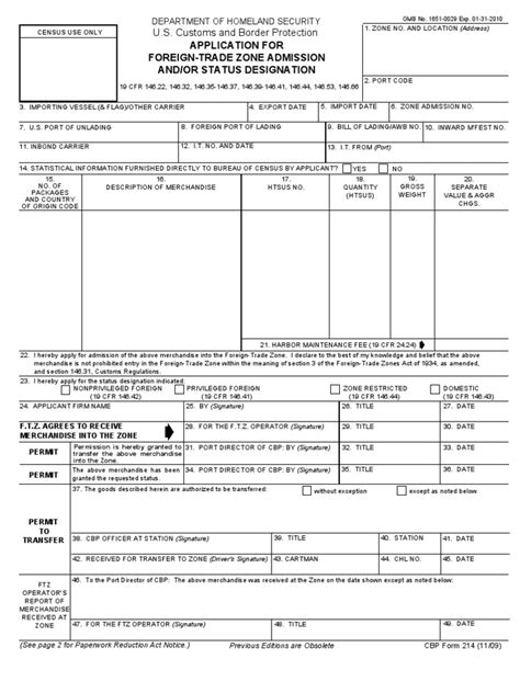Us Customs Form Cbp Form 214 Application For Foreign Trade Zone