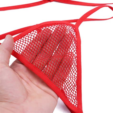 Fashion Women Red Halter Bra Top Micro Thong Set Black Sheer Mesh Sexy Triangle Bikini Lingerie