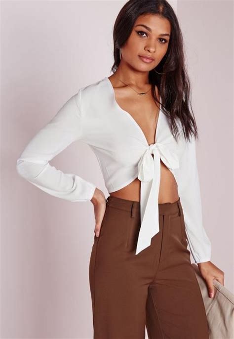Missguided Tie Front Cropped Blouse White Cutout Blouse Tie Front Crop Top