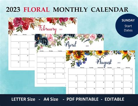 2023 Calendar Printable Floral Watercolor Wall Desk Etsy