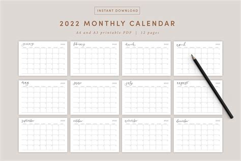 2022 Monthly Calendar Landscape A3 And A4 Printable Calendar Etsy