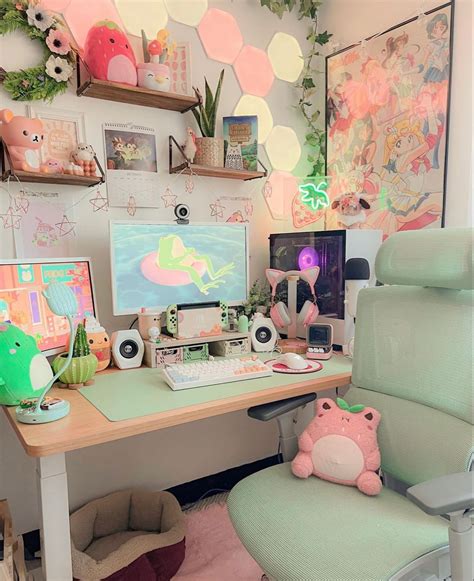 Pink Green Kawaii Gaming Setup Gamer Room Decor Cozy Room Decor
