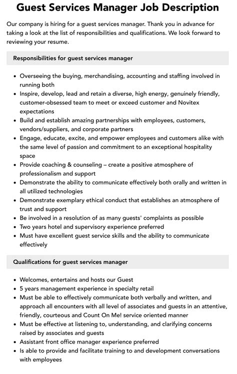 Guest Services Manager Job Description Velvet Jobs
