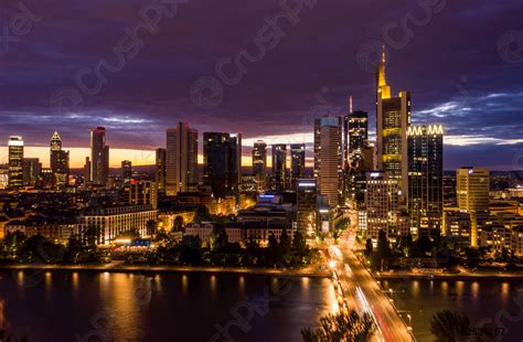 Wide View Of Frankfurt Am Main Skyline At Night With Stock Photo