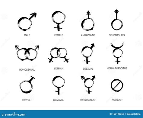 Grunge Gender Icon Set With Different Sexual Symbols Female Male Bisexual Agender