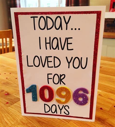 3 month anniversary gift for girlfriend. 3 year anniversary card. Today I have loved you for 1096 ...