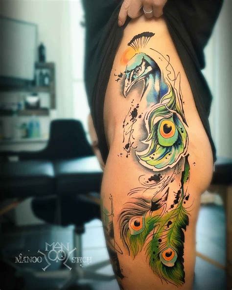 Watercolor Peacock Tattoo On Hip Best Tattoo Ideas Gallery