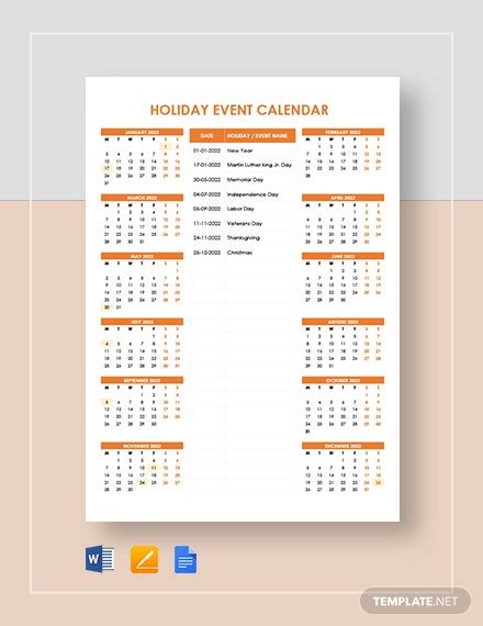 Holiday Calendar Template 14 Free Word  Psd Format Download