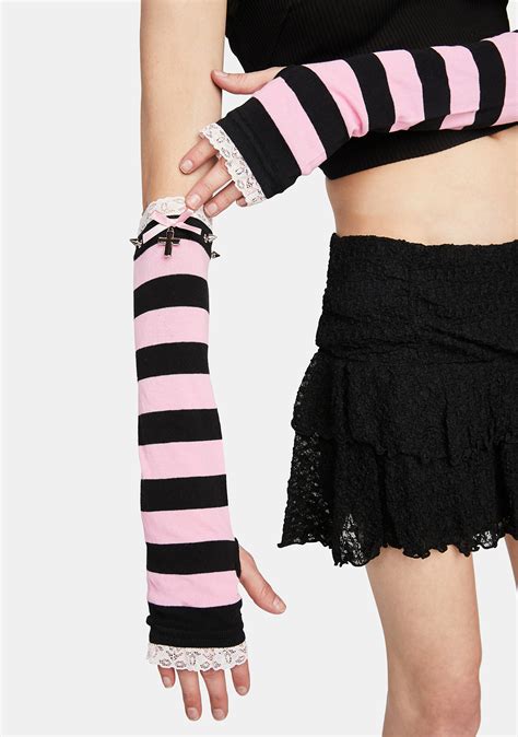 striped lace spiked fingerless gloves with bows pink black dolls kill