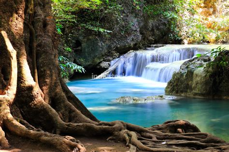 Beautiful Waterfall At Erawan National Park In Kanchanaburi Tha