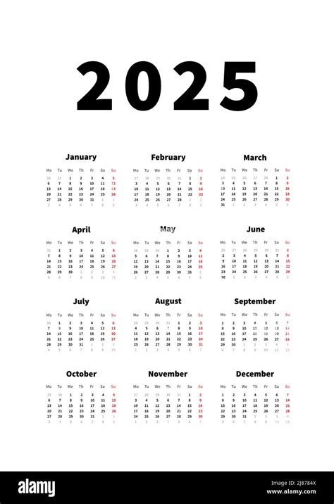 Calendario Vertical Simple De 2025 Años En Lengua Inglesa Calendario