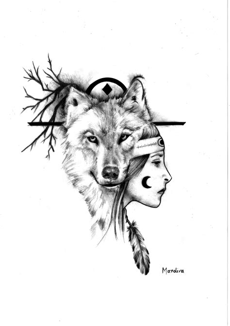 Native American Girl With Wolf Realistic Tattoo Design By Mandira