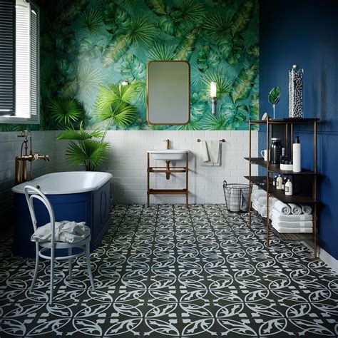 Victorian Bathroom Decorative Floor Tiles Blue Tub And Wall With A