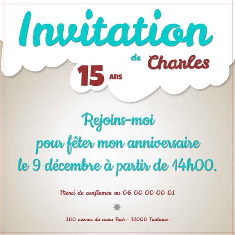 Invitation à un anniversaire invitation à un anniversaire : Carte d'invitation pour anniversaire 15 ans ...