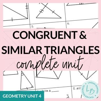 Each angle in one triangle is congruent with (equal to) its corresponding angle in the other triangle i.e.: Congruent and Similar Triangles (Geometry Unit 4) | TpT