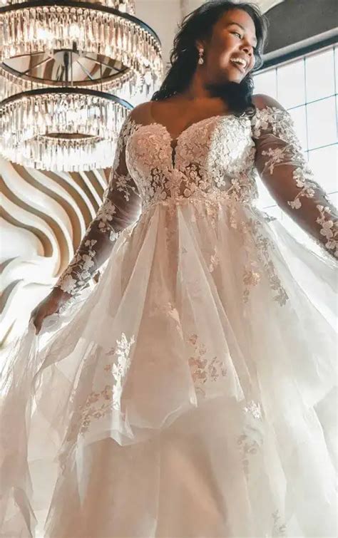 Off Shoulder Lace Plus Size Ballgown With Tiered Skirt Essense Of