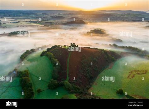 Aerial View Of A Misty Autumn Sunrise At Colmers Hill At Symondsbury