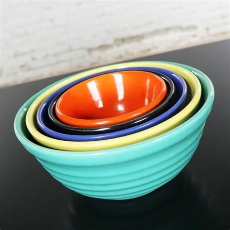 Vintage Set Of Five Bauer Multi Color Ringware Nesting Mixing Bowls