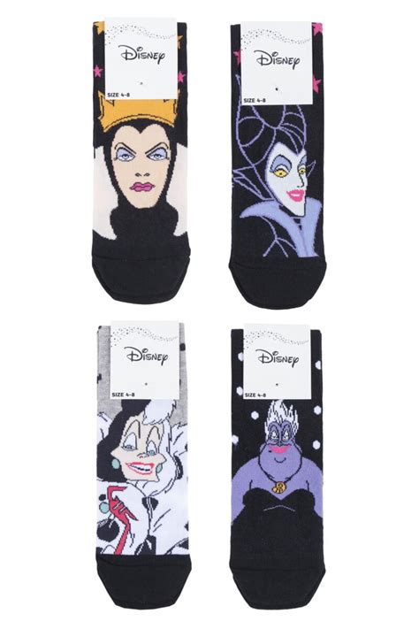 Ladies 4 Pair Sockshop Disney Villains Ursula Evil Queen Maleficent And Cruella De Vil Socks