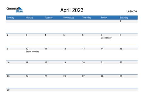 April 2023 Calendar With Lesotho Holidays