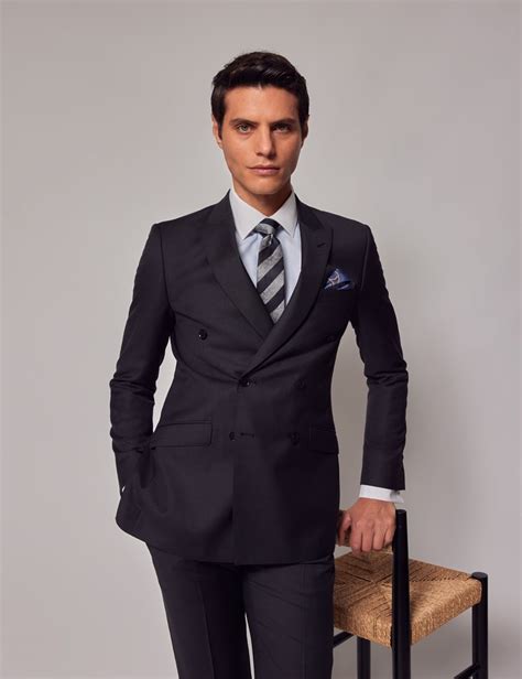 men s dark charcoal grey twill double breasted slim fit suit hawes and curtis