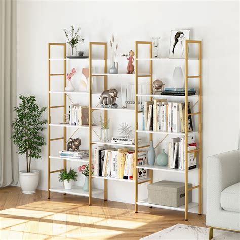 Homfa 5 Tier Gold And White Bookshelf Triple Wide Open Display Shelf