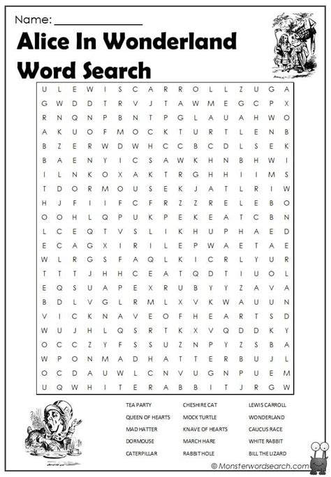 Alice In Wonderland Word Search Monster Word Search Alice In