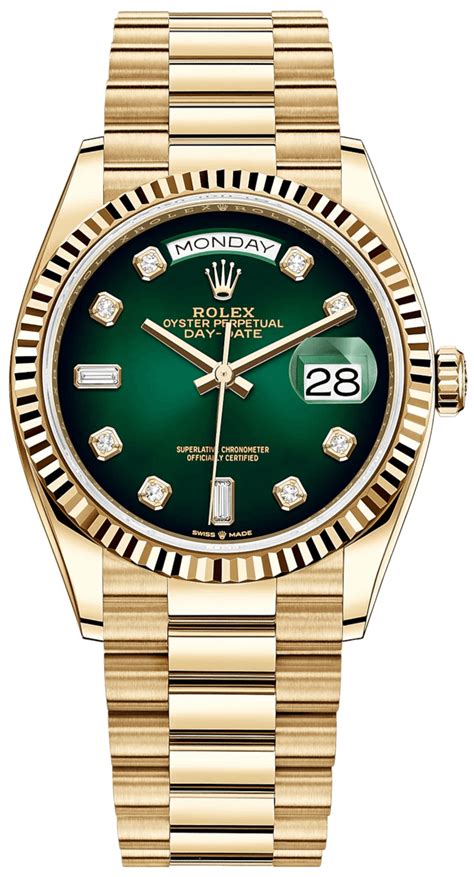 Rolex Day Date 36 Watch Fluted Bezel Green Ombre´ Diamond Dial Preside