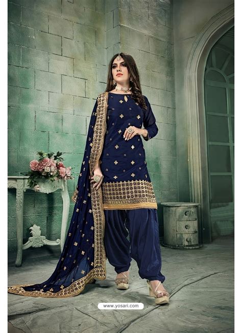Buy Navy Blue Chanderi Silk Party Wear Patiala Suit Punjabi Patiala Suits