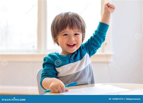 Happy Toddler Raising His Hand Stock Image Image Of Smiling Excited