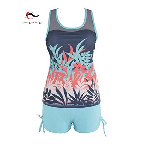 Tengweng New Blue Leaf Print Women Swimsuit Sports Shorts Tankini Swimwear Plus Size Bikini