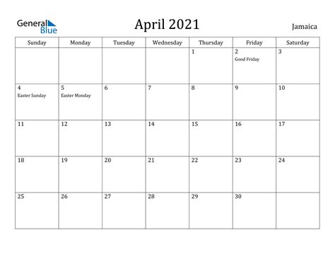 Blank april 2021 calendars are available in various designs. April 2021 Calendar - Jamaica