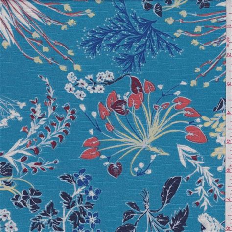 Aqua Blue Floral Rayon Challis Fabric By The Yard