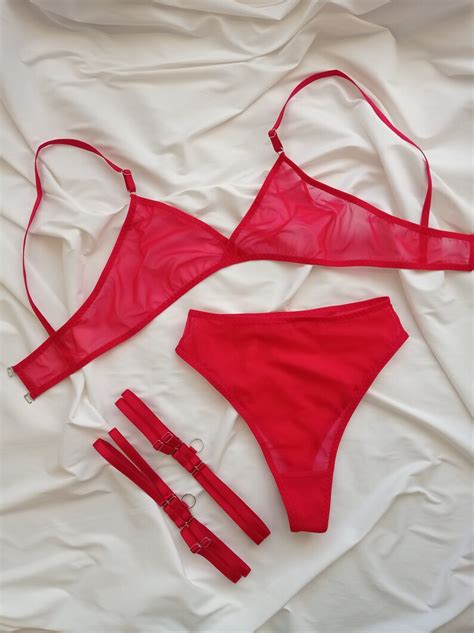 Red Mesh See Through Red Lingerie Set See Through Lingerie Bralette