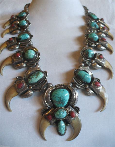 Vintage Navajo Sterling Silver Turquoise Coral Squash Blossom