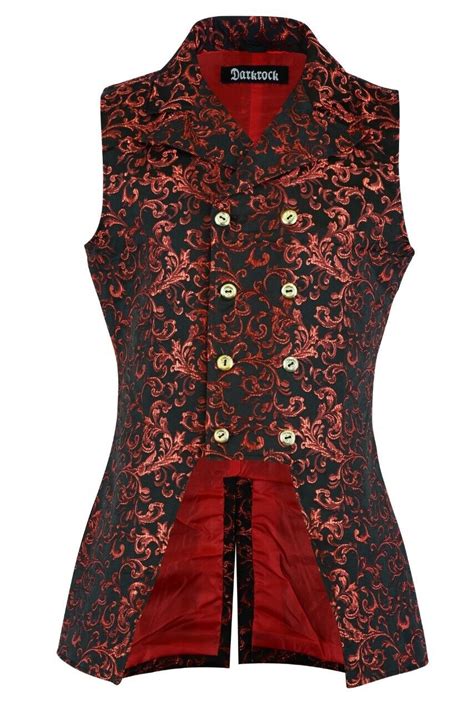 Mens Red Double Breasted Governor Vest Waistcoat Vtg Brocade Gothic