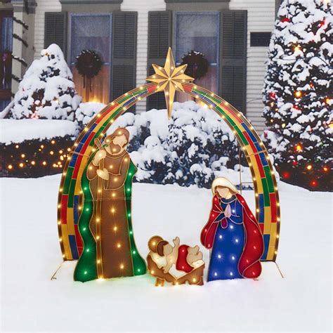 Christmas Pre Lit Outdoor Xmas Decor Nativity Scene Birth Of Jesus Led Light Up Yard Decor