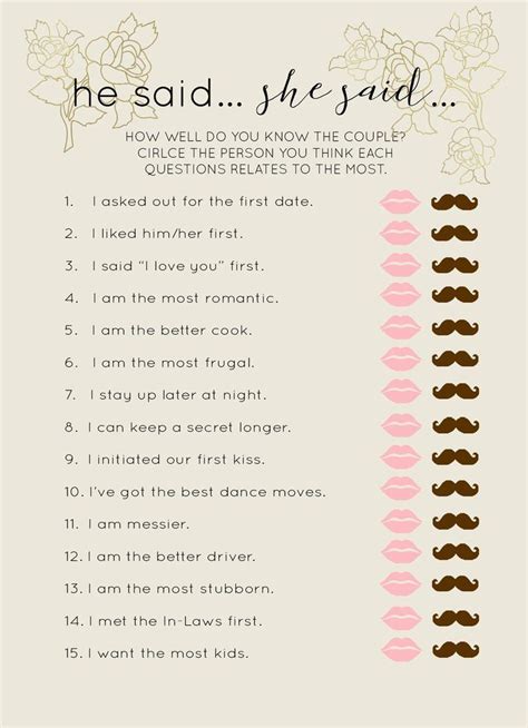 He Said She Said Game Bridal Shower Games Printable Try Etsy Engagement Party Games Couple