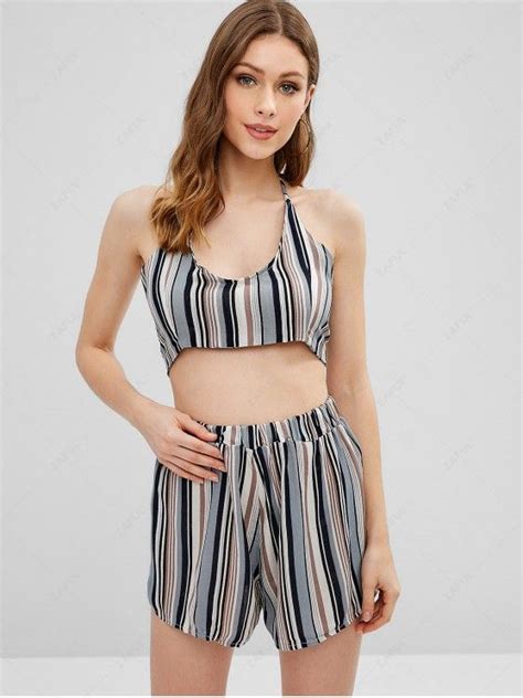 [35 Off] 2021 Halter Striped Crop Top And Shorts Set In Blue Zaful